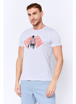 DeFacto Men Crew Neck Short Sleeve Graphic Print T-Shirt, Light Grey  - Image 1