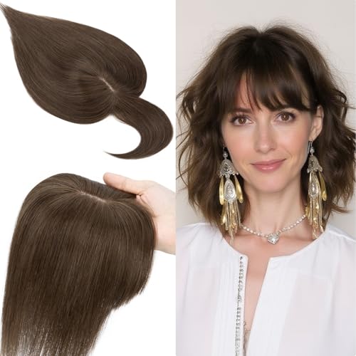 SEGO 100 Real Human Hair Toppers with Air Bangs Silk Base 150 Density Clip in Topper 2751 HairPieces for Women with ThinningHair Loss Cover Gray - Image 2