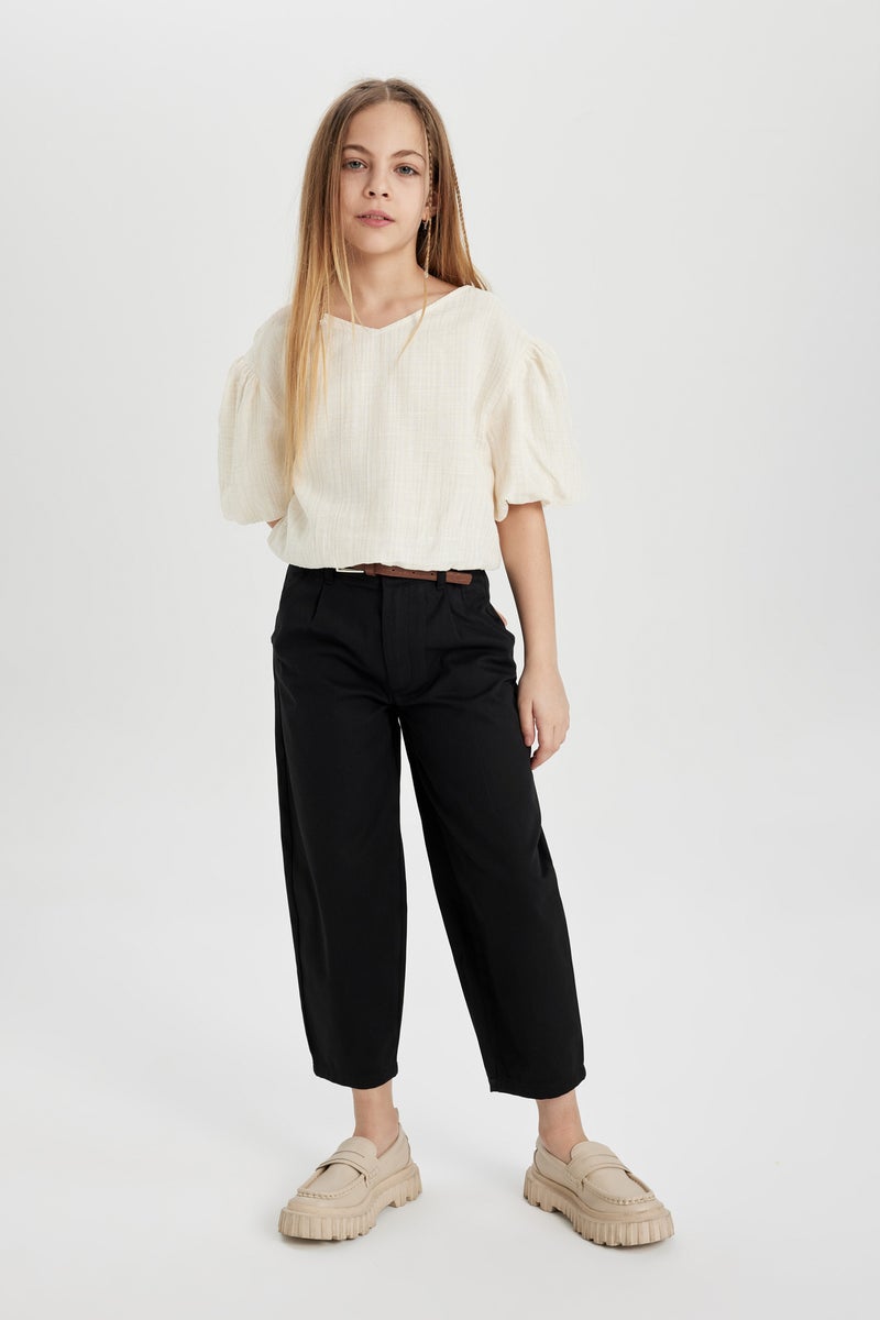 DeFacto Girl Barrel Fit Wide Leg Cotton Belted Trousers  - Image 1