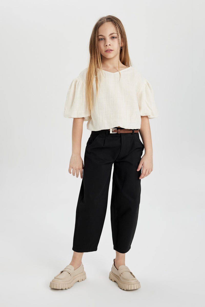 DeFacto Girl Barrel Fit Wide Leg Cotton Belted Trousers  - Image 3