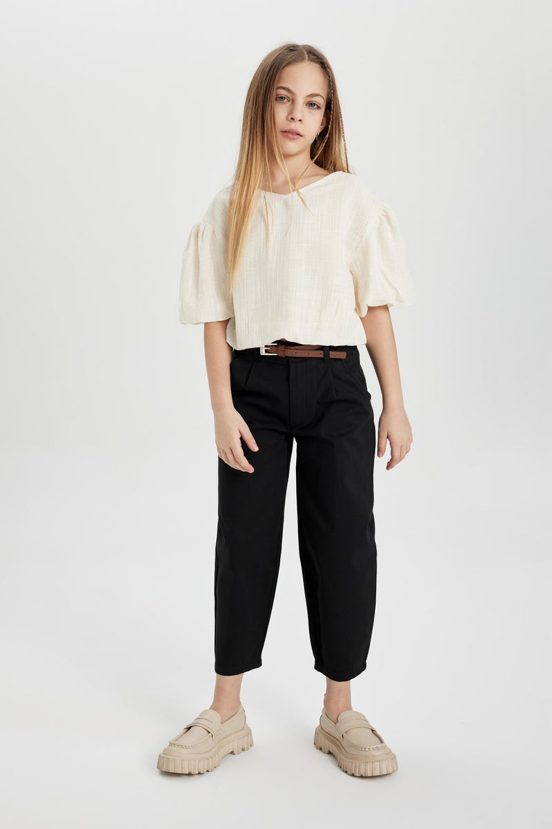 DeFacto Girl Barrel Fit Wide Leg Cotton Belted Trousers  - Image 4