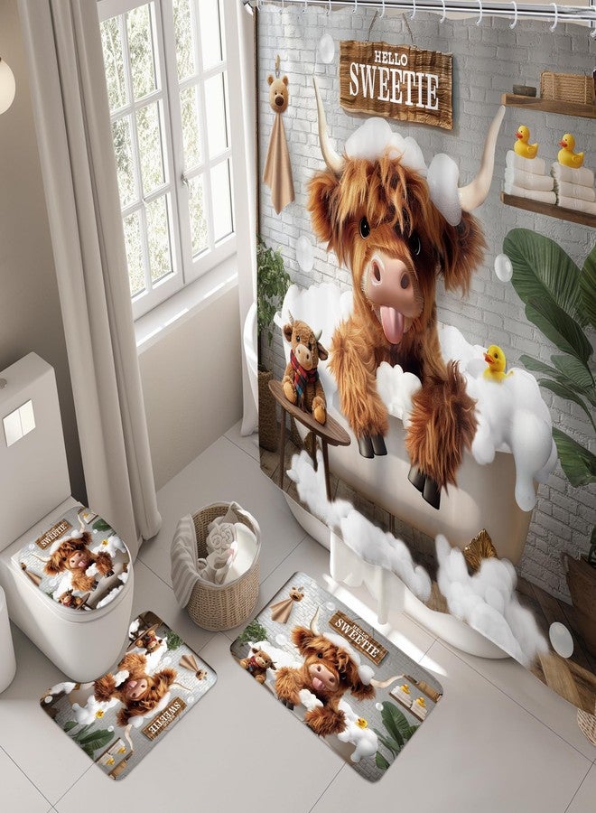 Riyidecor Cute Highland Cow 4Pcs Bathroom Shower Curtain Sets Western Rustic Wooden Board Bathroom Decor Set with Rugs and Accessories Farmhouse Toilet Lid Rug, Contour and Bath Mat with 12 Hooks - Image 3