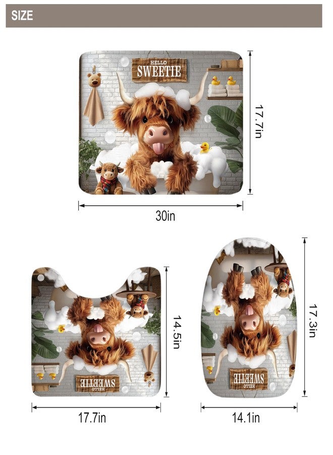 Riyidecor Cute Highland Cow 4Pcs Bathroom Shower Curtain Sets Western Rustic Wooden Board Bathroom Decor Set with Rugs and Accessories Farmhouse Toilet Lid Rug, Contour and Bath Mat with 12 Hooks - Image 4