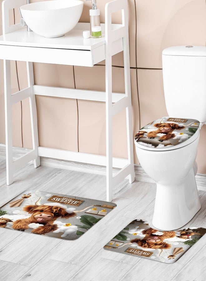 Riyidecor Cute Highland Cow 4Pcs Bathroom Shower Curtain Sets Western Rustic Wooden Board Bathroom Decor Set with Rugs and Accessories Farmhouse Toilet Lid Rug, Contour and Bath Mat with 12 Hooks - Image 2