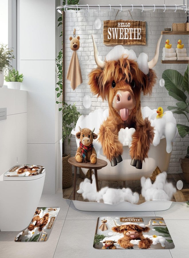 Riyidecor Cute Highland Cow 4Pcs Bathroom Shower Curtain Sets Western Rustic Wooden Board Bathroom Decor Set with Rugs and Accessories Farmhouse Toilet Lid Rug, Contour and Bath Mat with 12 Hooks - Image 1