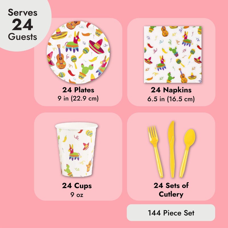 بلو باندا مجموعة مستلزمات للحفلات المكسيكية قابلة للاستعمال مرة واحدة من 144 قطعة - Image 4