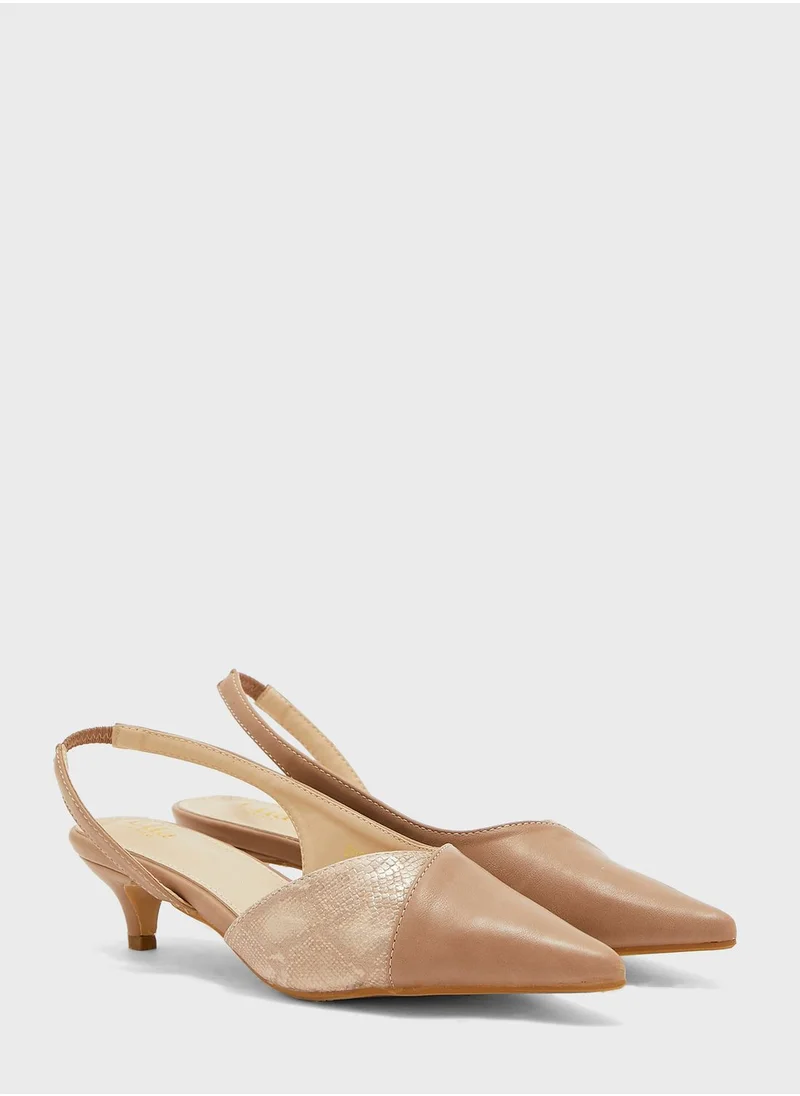 ELLA Contrast Texture Slingback Pointed Kitten Heel Pu