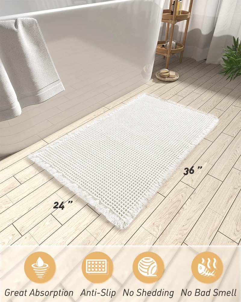 AMOAMI Upgraded Waffle Bath Mat, Super Absorbent Non Slip Bath Mats for Bathroom Floor, Machine Washable Boho Bathroom Rugs with Tassels, Rubber Backed Bathroom Mats, Ultra Soft, 24" x 36" - Image 2