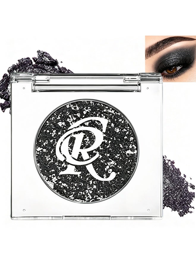 CR Monochrome Eye Shadow, Black Silver Glitter, Single Pan Sparkly Eyeshadow Powder, High Pigment Long‑Lasting Shimmer Eye Makeup for Party Stage Look 03# - Image 1
