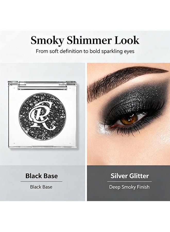 CR Monochrome Eye Shadow, Black Silver Glitter, Single Pan Sparkly Eyeshadow Powder, High Pigment Long‑Lasting Shimmer Eye Makeup for Party Stage Look 03# - Image 4