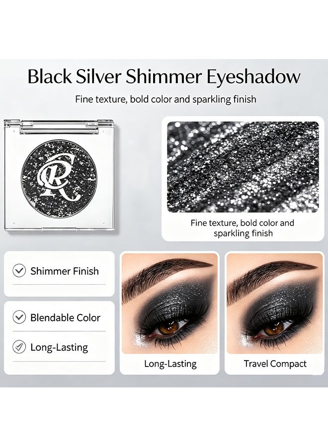 CR Monochrome Eye Shadow, Black Silver Glitter, Single Pan Sparkly Eyeshadow Powder, High Pigment Long‑Lasting Shimmer Eye Makeup for Party Stage Look 03# - Image 3