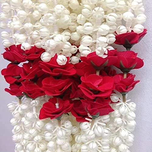3A FEATURETAIL 5ft Artificial Mogra Jasmine with Red Flower Garland String, Mogra Toran for Decoration (5Ft Length 2pc Set, Mogra Ladi with Silver Bell) - Image 3