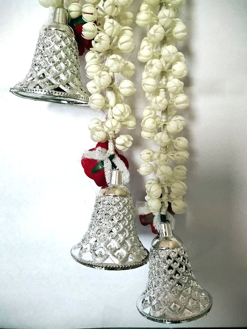 3A FEATURETAIL 5ft Artificial Mogra Jasmine with Red Flower Garland String, Mogra Toran for Decoration (5Ft Length 2pc Set, Mogra Ladi with Silver Bell) - Image 2