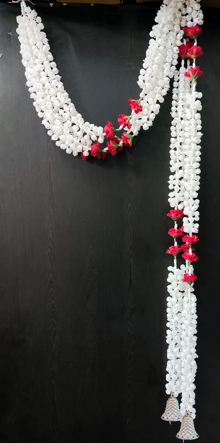 3A FEATURETAIL 5ft Artificial Mogra Jasmine with Red Flower Garland String, Mogra Toran for Decoration (5Ft Length 2pc Set, Mogra Ladi with Silver Bell) - Image 1