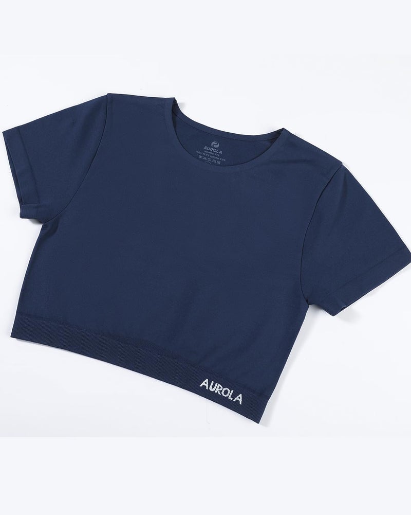 AUROLA Essentials Seamless Short Sleeve Crop Top for Women Workout Active Comfort Athletic Shirts Tee,Tuxedo Blue,S - Image 2