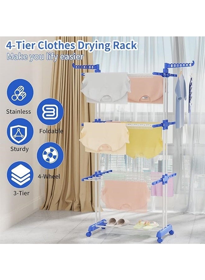 4 Tier Foldable Clothes Drying Rack, Floor-Standing Laundry Rack, Four Rollers With Brakes, Mobile Multi-Functional Stainless Steel Clothes Hanger - Image 4