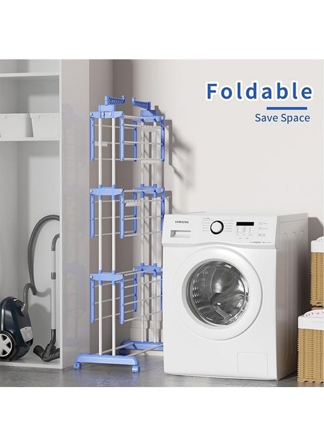 4 Tier Foldable Clothes Drying Rack, Mobile Floor Stainless Steel Clothes Drying Stand,  Garment Storage Rack with Lockable Wheels, Multi-Functional Heavy Duty Laundry Hanging Stand for Balcony Bedroom Indoor Outdoor Laundry Room - Image 4