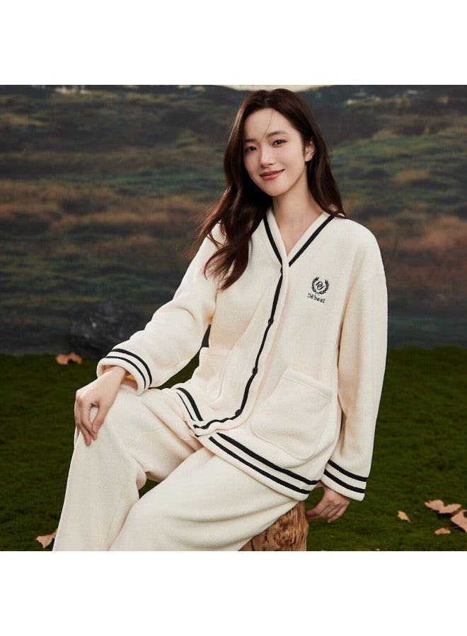 Dingguagua Women's Autumn Winter Thickened Yangmei Velvet V-neck Wearable Homewear Set Fuzzy Beige 170