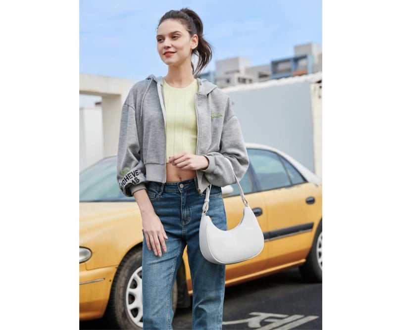 WSRYDJDL Crescent Shoulder Bags for Women Cute Hobo Tote Handbag Under the Arm Purses Mini Clutch Purse with Zipper Closure (White) - Image 2