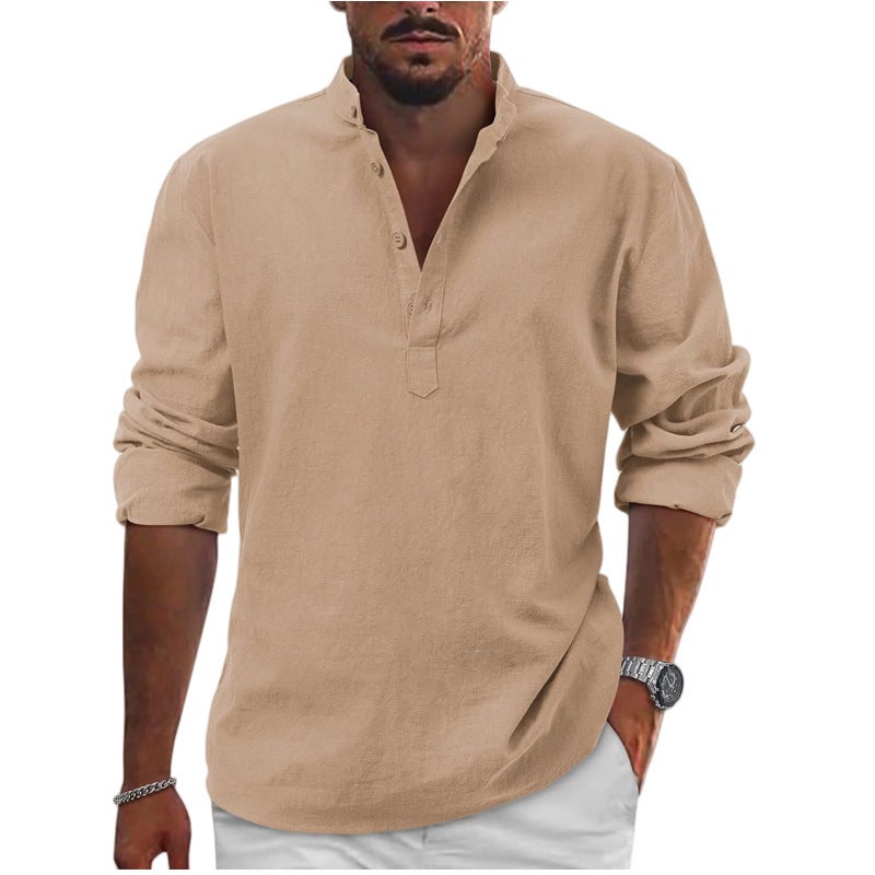2022 Export Men'S Linen Long-Sleeved T-Shirt Loose Undershirt Pure Color Long-Sleeved Cotton And Linen Shirt Men'S Large Size Dropshipping - Image 5
