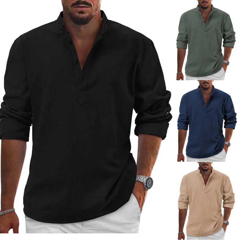 2022 Export Men'S Linen Long-Sleeved T-Shirt Loose Undershirt Pure Color Long-Sleeved Cotton And Linen Shirt Men'S Large Size Dropshipping - Image 2