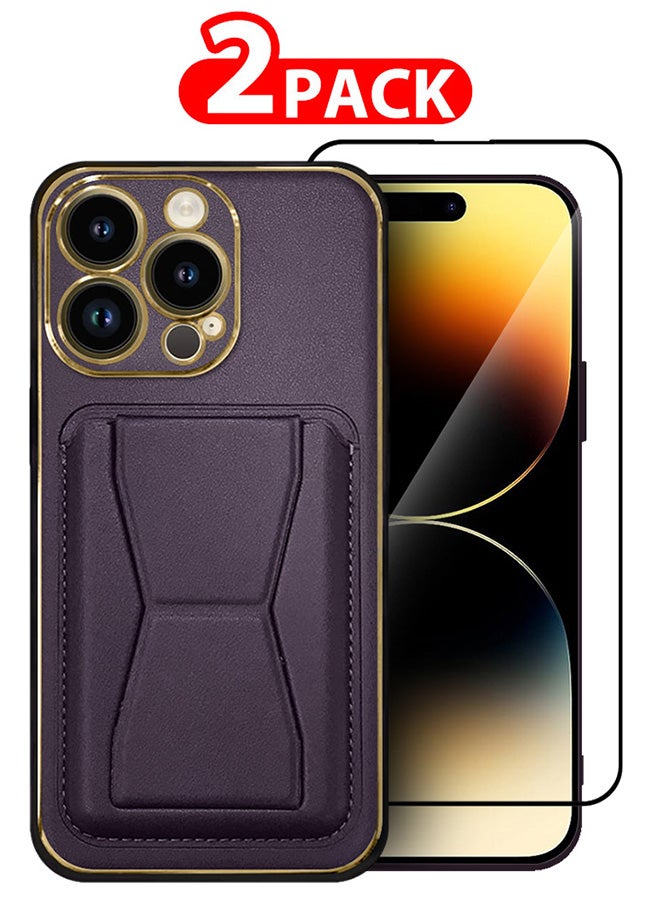 CATANES 2 Packs For iPhone 14 Pro Case Cover and Screen Protector Kickstand And Wallet Case Purple - Image 1