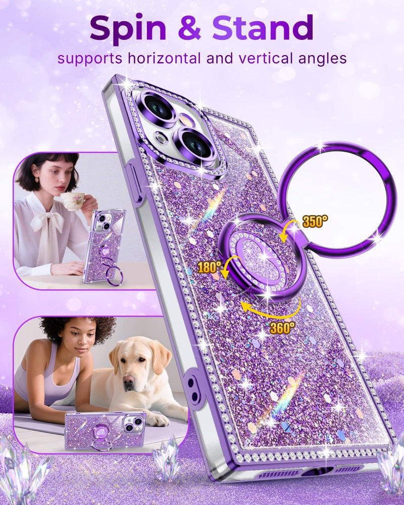 XYZ for iPhone 14 Case, Glitter Bling Phone Cover with 2-Ring Heart Stand & Lanyard, Women Girls Luxury Rhinestone Shockproof Protective Case for iPhone 14, Purple - Image 2