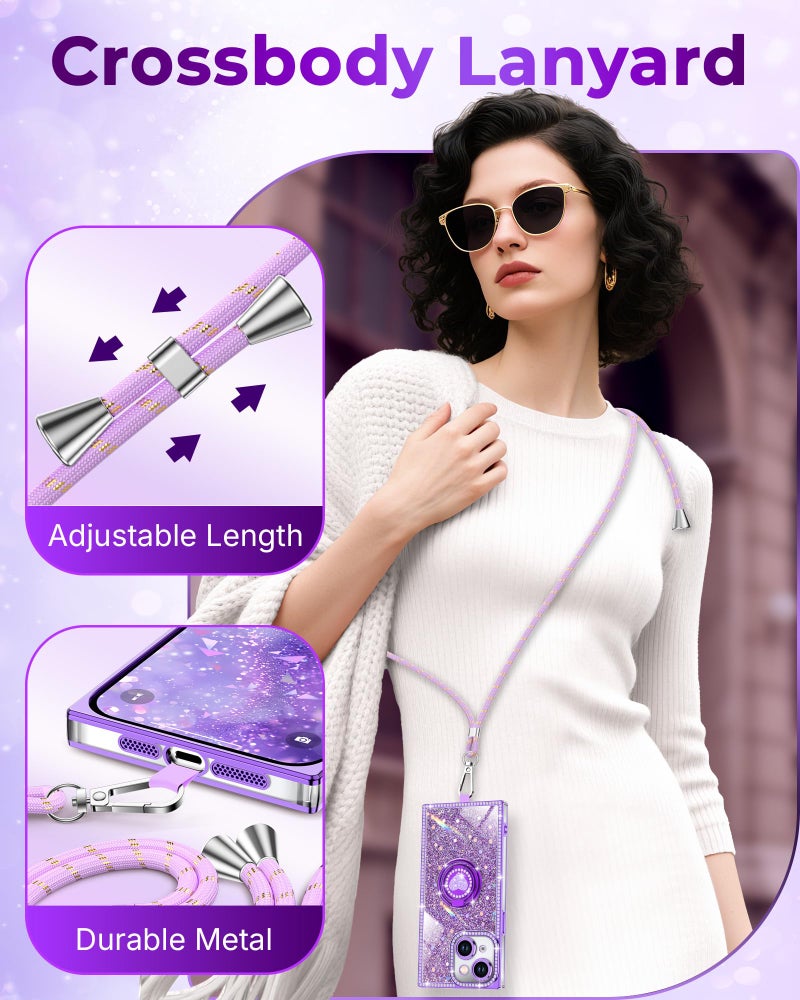 XYZ for iPhone 14 Case, Glitter Bling Phone Cover with 2-Ring Heart Stand & Lanyard, Women Girls Luxury Rhinestone Shockproof Protective Case for iPhone 14, Purple - Image 3