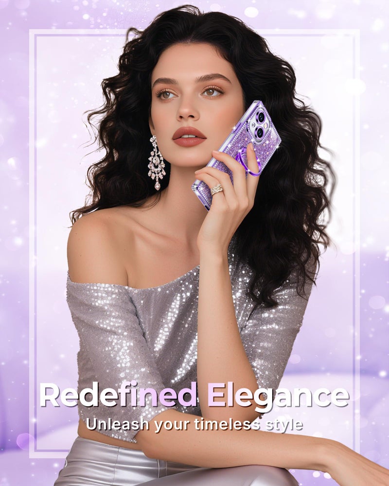 XYZ for iPhone 14 Case, Glitter Bling Phone Cover with 2-Ring Heart Stand & Lanyard, Women Girls Luxury Rhinestone Shockproof Protective Case for iPhone 14, Purple - Image 5