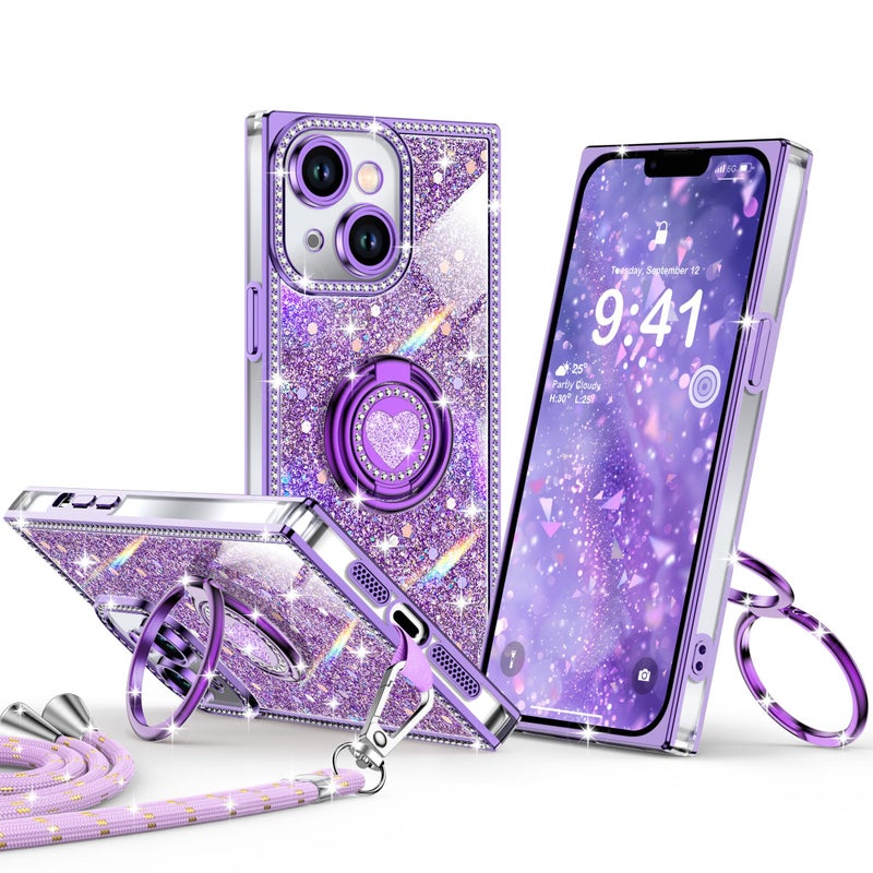XYZ for iPhone 14 Case, Glitter Bling Phone Cover with 2-Ring Heart Stand & Lanyard, Women Girls Luxury Rhinestone Shockproof Protective Case for iPhone 14, Purple - Image 1