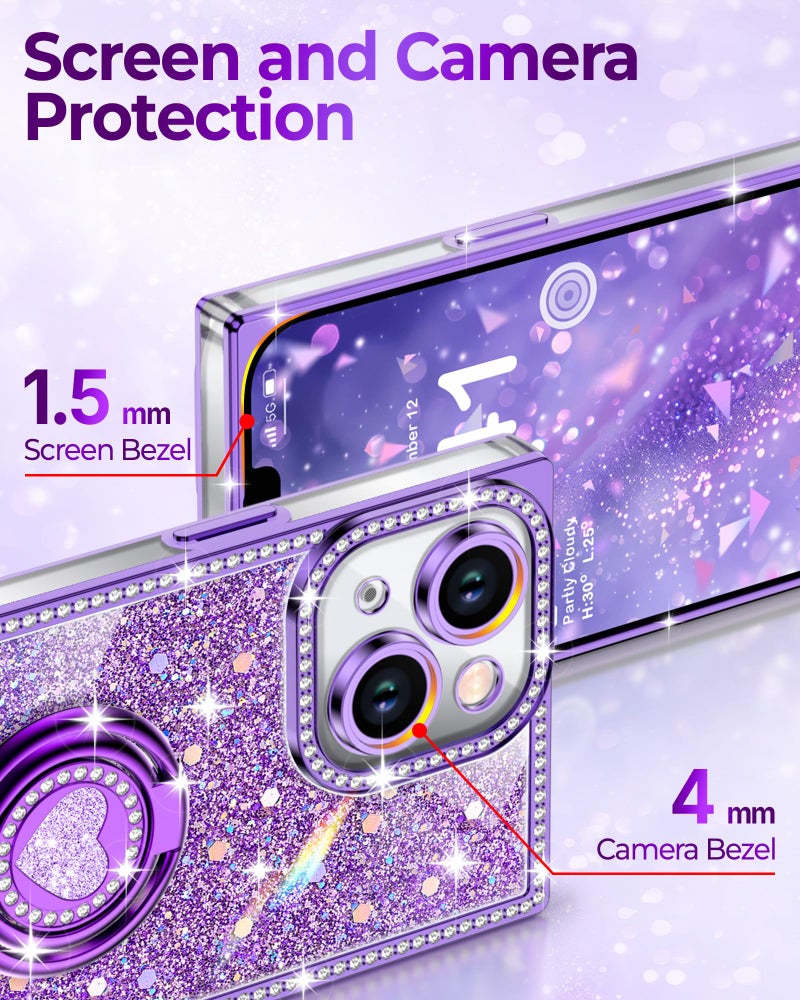 XYZ for iPhone 14 Case, Glitter Bling Phone Cover with 2-Ring Heart Stand & Lanyard, Women Girls Luxury Rhinestone Shockproof Protective Case for iPhone 14, Purple - Image 4
