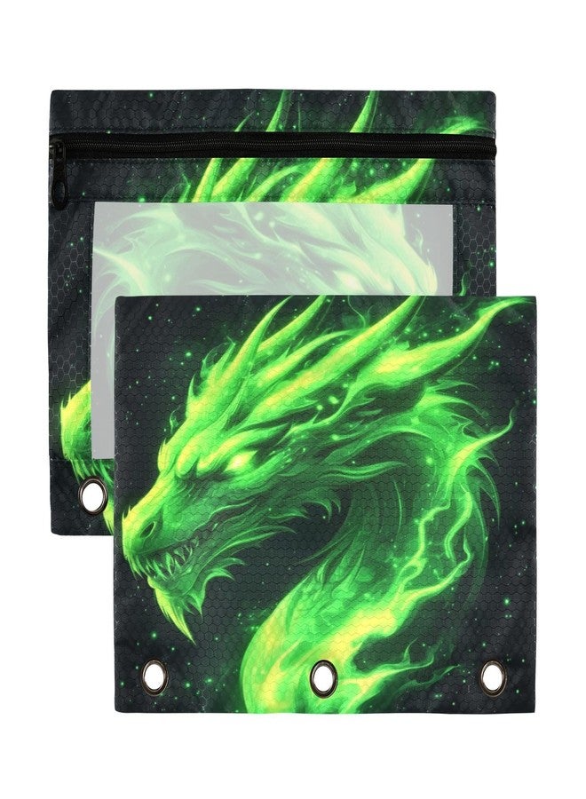 Kcldeci Pencil Pouch for 3 Ring Binder, Green Fire Head of Dragon 2 Pack Binder Pencil Pouch with Clear Window Pencil Bags with Zipper Pencil Case for Binder - Image 1