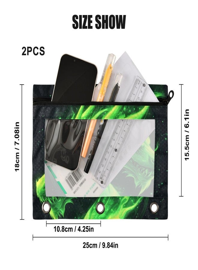 Kcldeci Pencil Pouch for 3 Ring Binder, Green Fire Head of Dragon 2 Pack Binder Pencil Pouch with Clear Window Pencil Bags with Zipper Pencil Case for Binder - Image 3