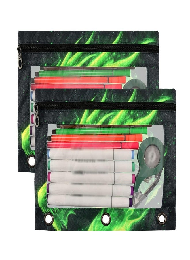 Kcldeci Pencil Pouch for 3 Ring Binder, Green Fire Head of Dragon 2 Pack Binder Pencil Pouch with Clear Window Pencil Bags with Zipper Pencil Case for Binder - Image 2