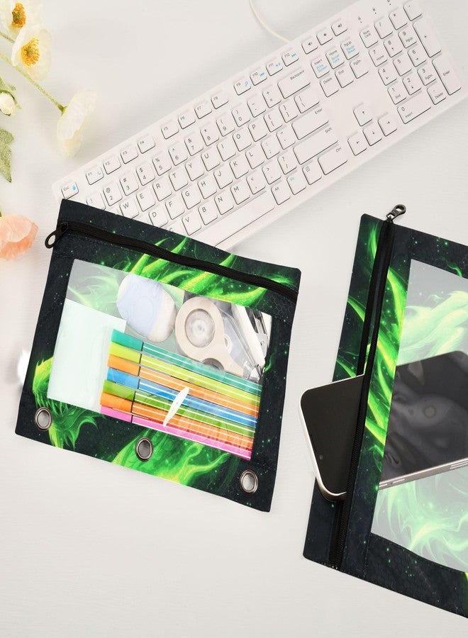 Kcldeci Pencil Pouch for 3 Ring Binder, Green Fire Head of Dragon 2 Pack Binder Pencil Pouch with Clear Window Pencil Bags with Zipper Pencil Case for Binder - Image 4