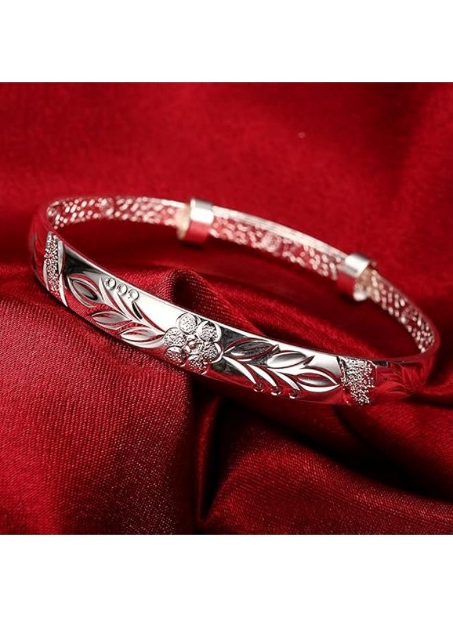 Women's 925 Sterling Silver Fu Flower Carved Bangle Bracelet 17.5g Weight 6.5CM for Wedding Gift - Image 5
