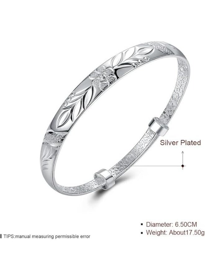 Women's 925 Sterling Silver Fu Flower Carved Bangle Bracelet 17.5g Weight 6.5CM for Wedding Gift - Image 2