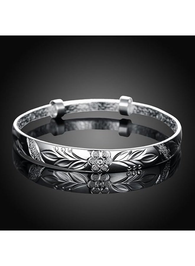 Women's 925 Sterling Silver Fu Flower Carved Bangle Bracelet 17.5g Weight 6.5CM for Wedding Gift - Image 3