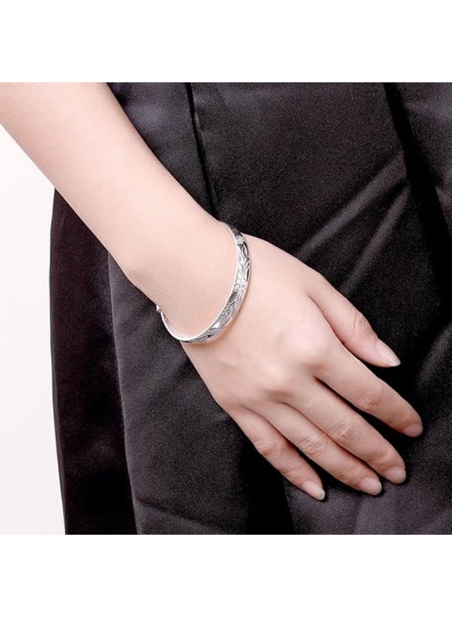 Women's 925 Sterling Silver Fu Flower Carved Bangle Bracelet 17.5g Weight 6.5CM for Wedding Gift - Image 4