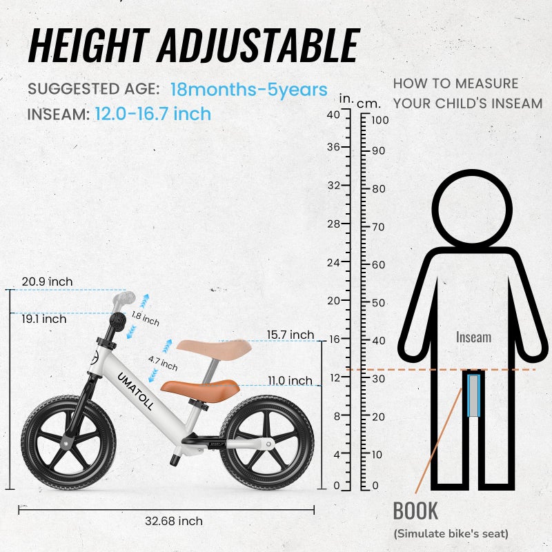 Umatoll Toddler Balance Bike for 2-5 Year Old, Adjustable Kids Toy Bicycle, Gift for Ages 2-3 Girls Boys (White) - Image 3