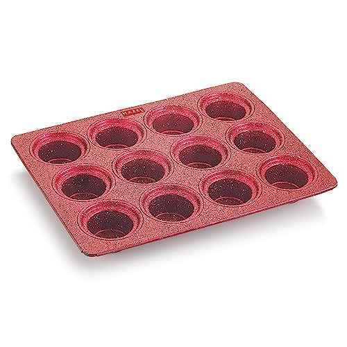 HAZEL Muffin Tray I Non Stick Coated Cupcake Tray with 12 Cavity for Microwave I Sturdy and Durable Baking Tray Made with Aluminium, Red I Ideal for Household Use - Image 1