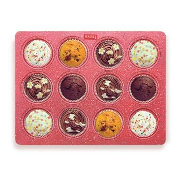 HAZEL Muffin Tray I Non Stick Coated Cupcake Tray with 12 Cavity for Microwave I Sturdy and Durable Baking Tray Made with Aluminium, Red I Ideal for Household Use - Image 2