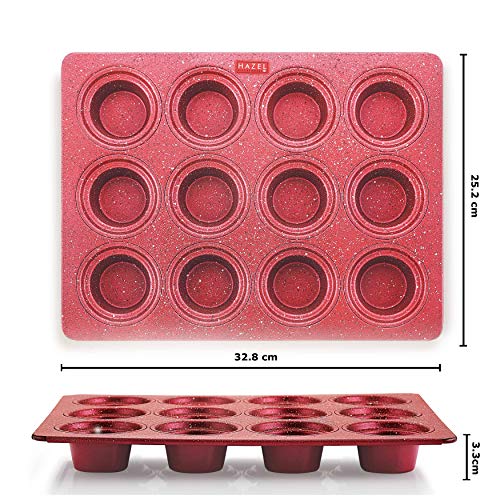 HAZEL Muffin Tray I Non Stick Coated Cupcake Tray with 12 Cavity for Microwave I Sturdy and Durable Baking Tray Made with Aluminium, Red I Ideal for Household Use - Image 4