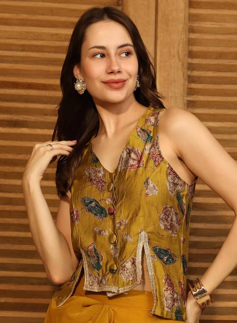  قصة Women's Mustard Yellow Ethereal Blossom Co-Ord Set