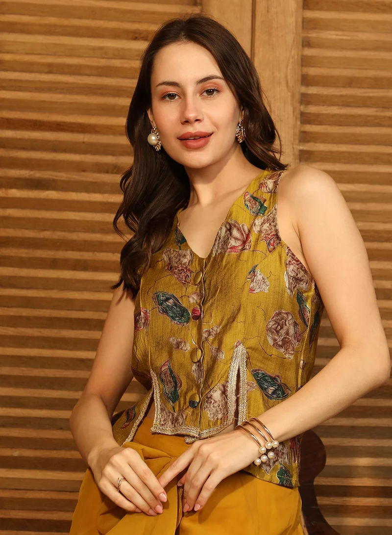  قصة Women's Mustard Yellow Ethereal Blossom Co-Ord Set
