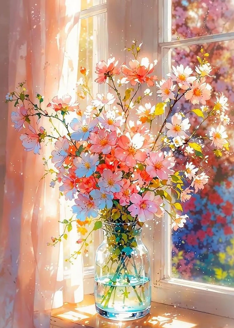 KINPLUB Flowers Diamond Painting Kits for Adults Beginners, Flower Diamond Art Kits for Adults, DIY Full Drill Round Gem Art Dots for Home Wall Decor 12x16 Inch - Image 1