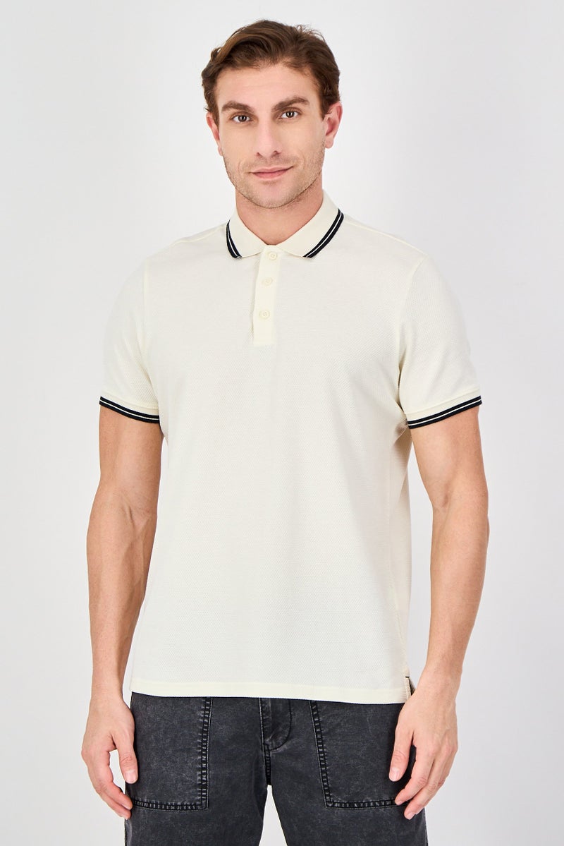 Report Collection Men Regular Fit Textured Short Sleeve Polo Shirt, Cream - Image 1