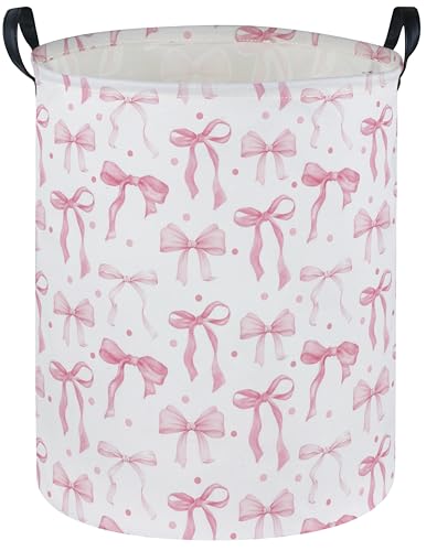 DDBASKET Girls Laundry Basket Pink Hamper for Nursery Bowkont Hamper Cute Kids Storage Bin Organizer Room Decor for Home(Pink bowkont) - Image 1