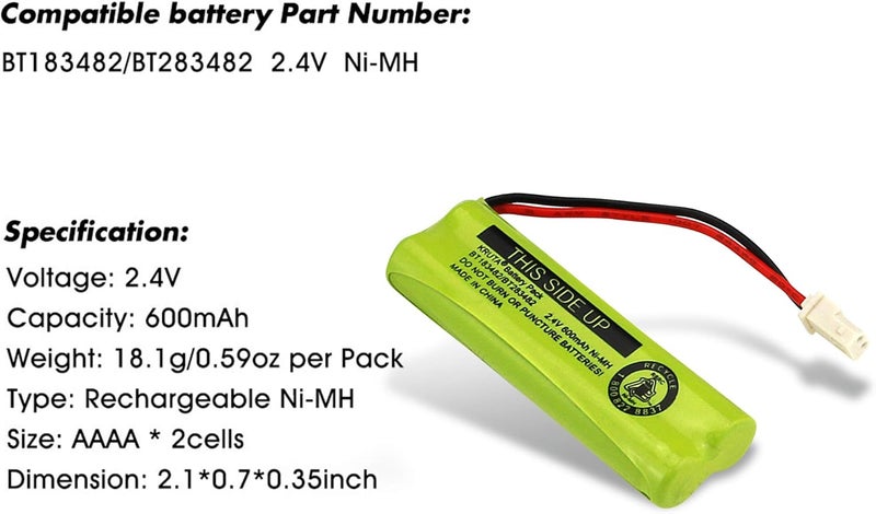 Kruta BT183482 BT283482 Cordless Phone Battery for Vtech DS6401 DS6421 DS6422 DS6472 LS6405 LS6425 LS6426 LS6475 LS6476 89-1348-01-00 Cordless Phone Handset (Pack of 2) - Image 3