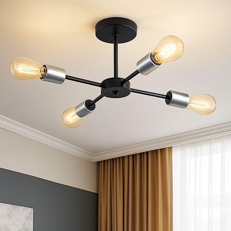 Modern Sputnik Ceiling Light Fixture, 4-Light Semi Flush Mount, Black and Silver, Industrial Style - Image 1
